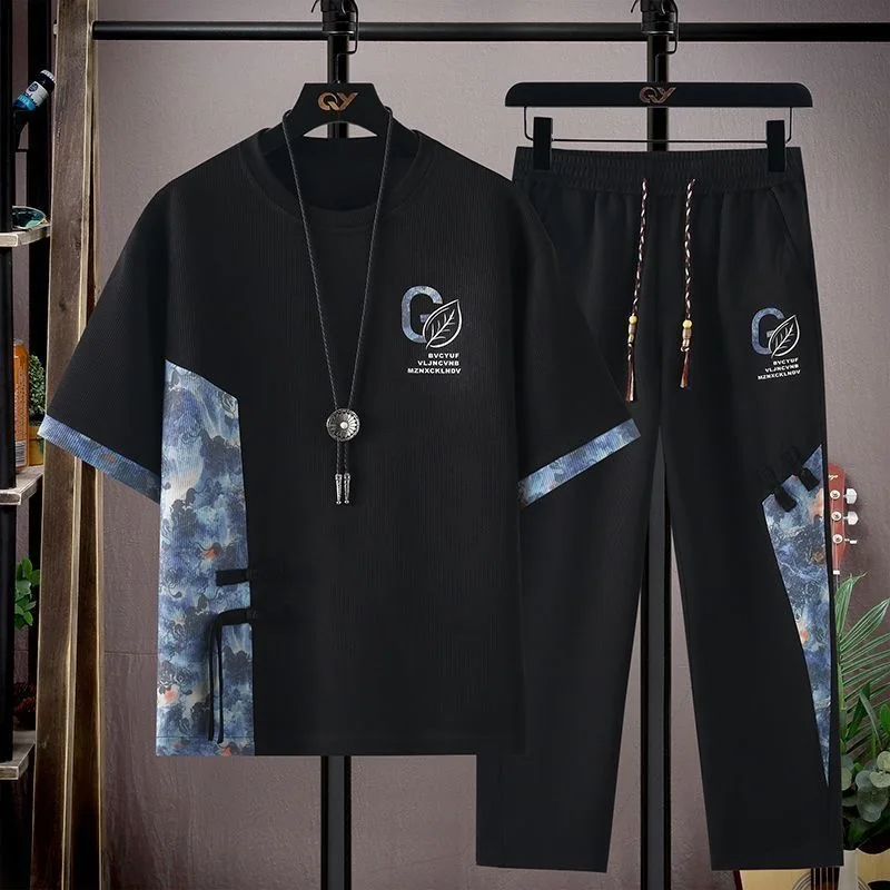 Summer New Fashion Trend Printed Short-Sleeved T-shirt Sports Suit Men's Loose Comfortable Breathable Large Size Two-Piece Set