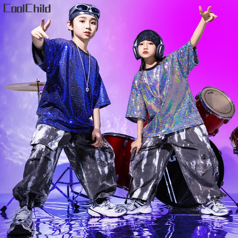 Boys Sequin Silver T-shirt Hip Hop Tie Dyed Cargo Pants Girls Streetwear Kids Street Dance Clothes Sets Child Jazz Stage Costume