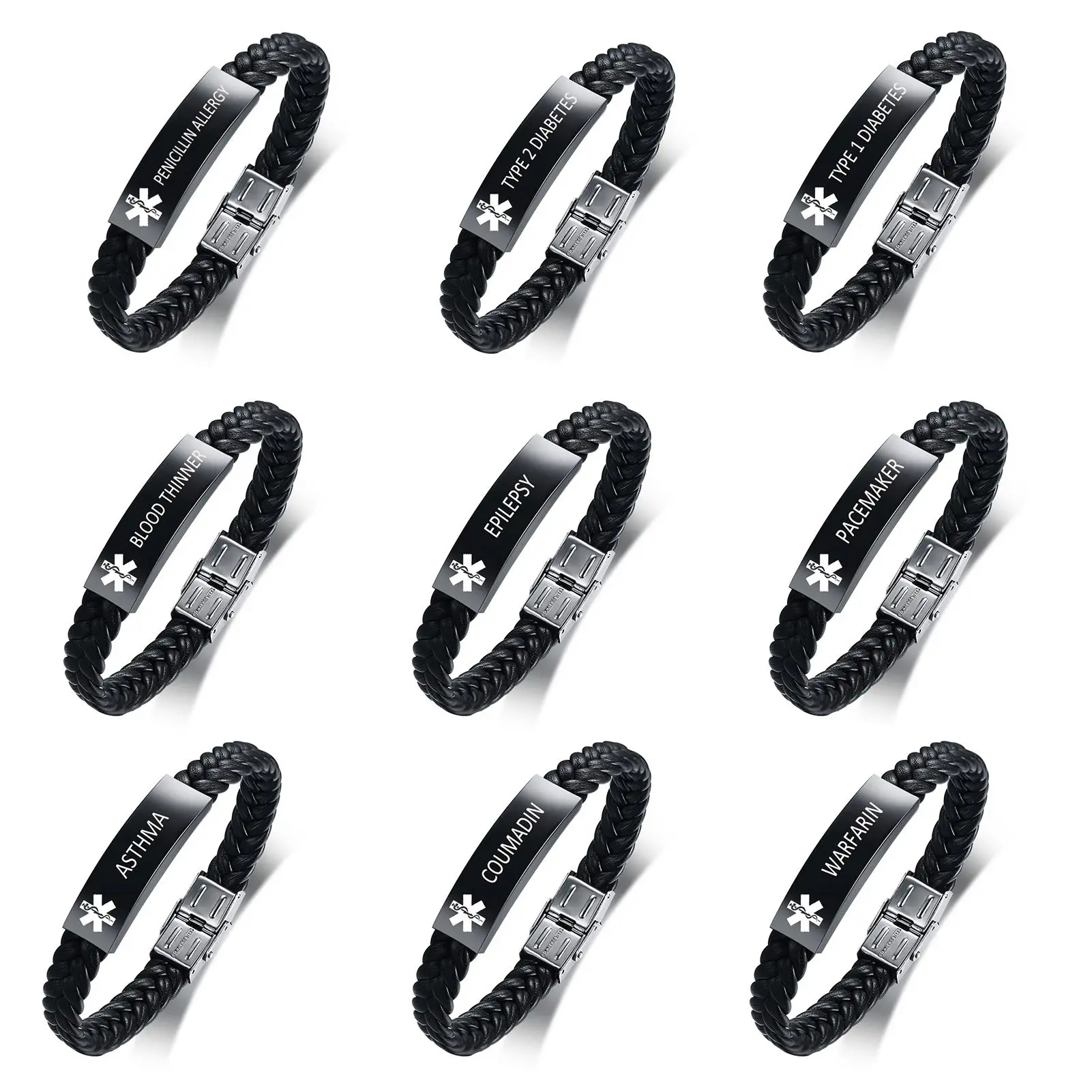 Pulsera de cuero negro para DIABETES tipo 1, pulsera de alerta médica, joyería