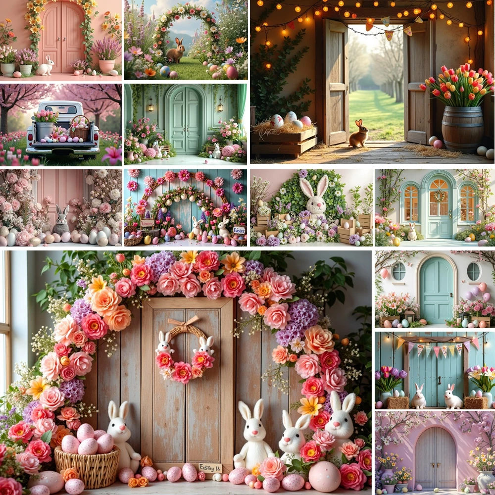 

MOON.QG Easter Floral Doorway Scene Backgrounds For Photographs Bunny Egg Backdrop Photoshoot Decor Photo Studio Accessories
