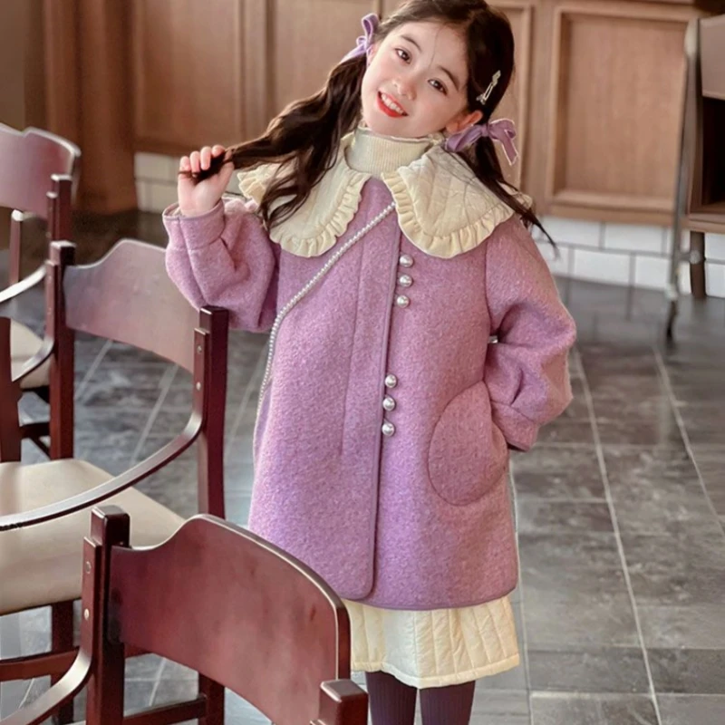 

Girls Woolen Coat Overcoat Jacket Windbreak 2023 Violet Warm Thicken Winter Cotton Party Plus Size Children's Clothing