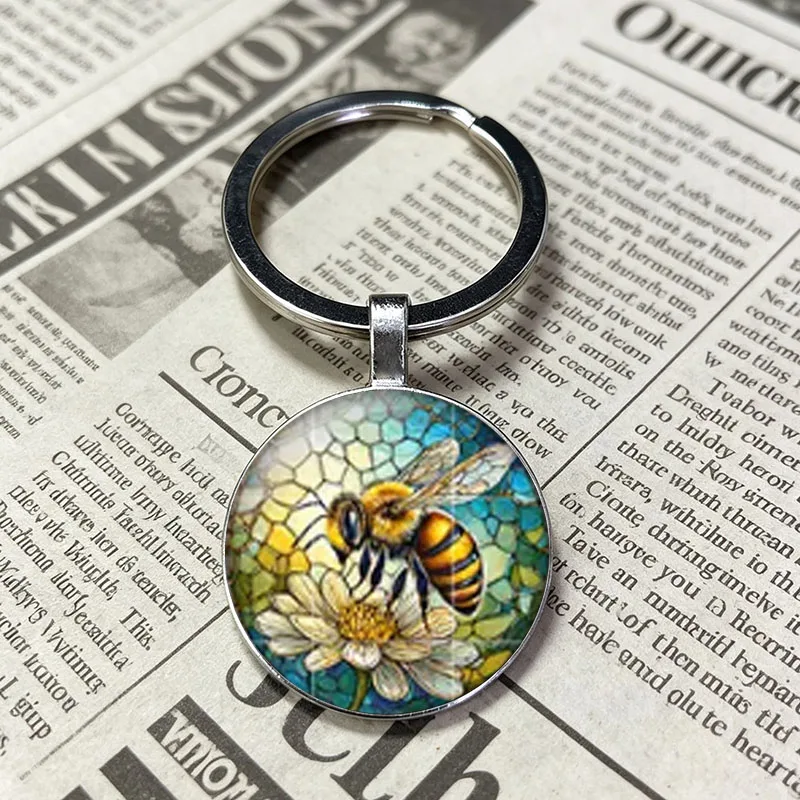 Stained Glass Bee Daisy Glass Keychain Honeycomb Floral Mosaic Nature Round Key Pendant Bag Accessory Gift