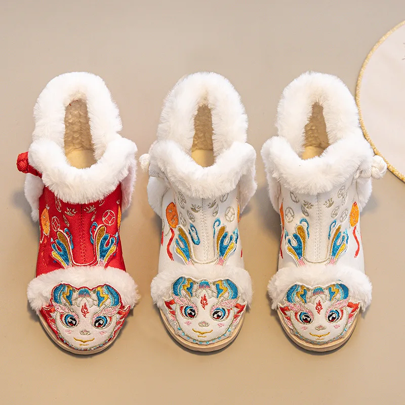 Girls Chinese-style Boots Kids Winter Embroidered Shoes Children Chinese dragon Slassical Shoes Fleece Cotton Shoes Size 25-36