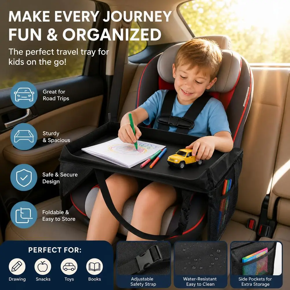 Travel Tray Car Seat Activity Lap Desk With Storage Pockets Spill-Proof Portable Desk For Toddler Road Trip Entertain
