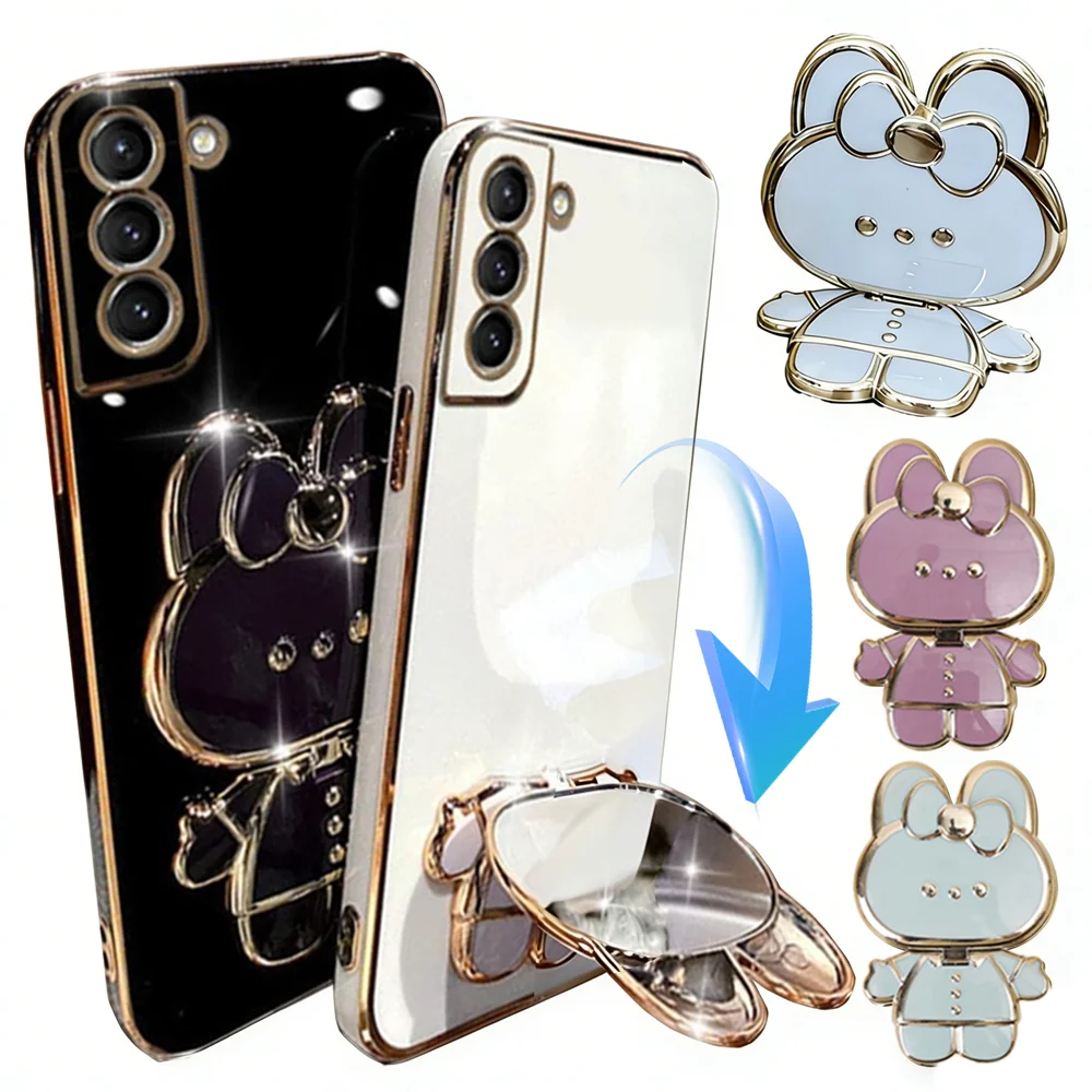 

Мультяшный держатель для телефона в виде кролика с зеркалом для макияжа для iPhone 17, 16, Samsung, Xiaomi, POCO: Настольная подставка-кронштейн для смартфона