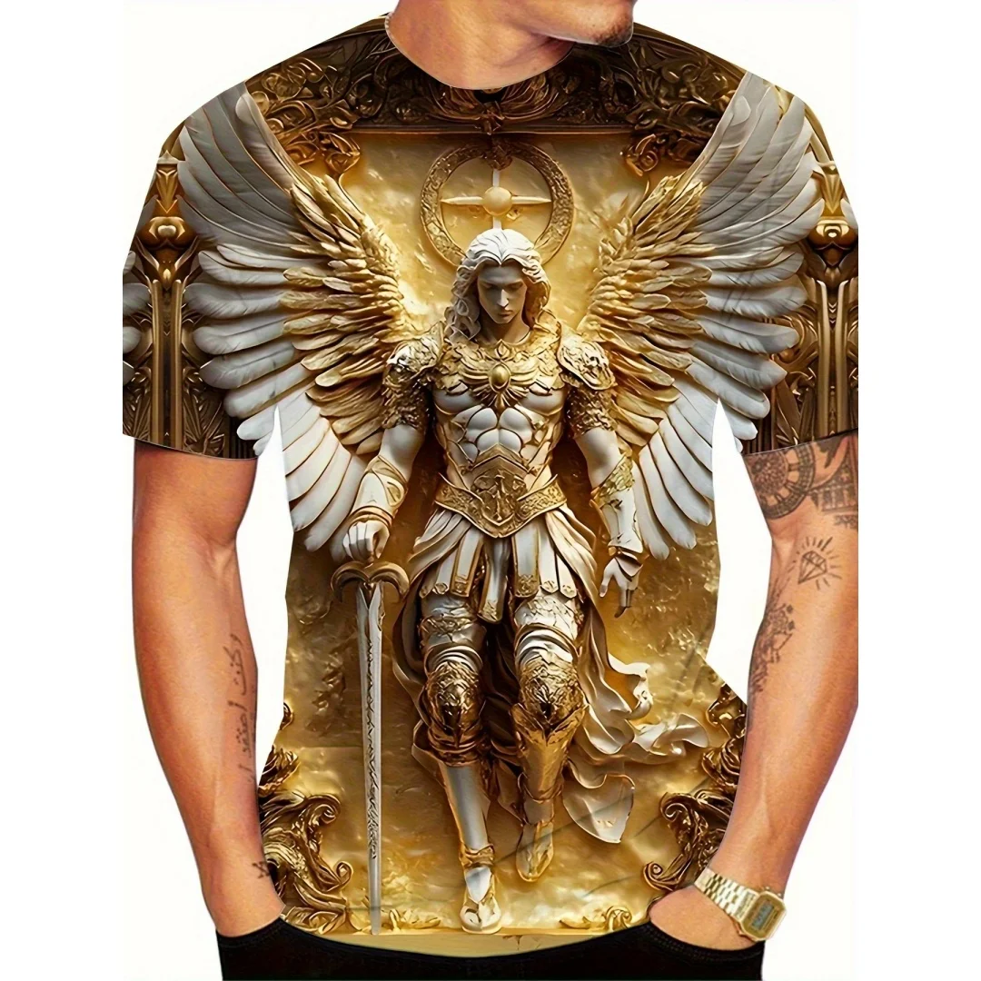 Men's Archangel Saint Michael T-Shirt 3D Full Print Religious Warrior Angel Pattern T-Shirt Christian Faith Short Sleeved Top view 2
