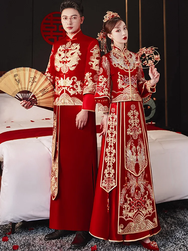 Vestido bordado Cheongsam Hanfu, Dragon Phoenix, Terno de casamento tradicional chinês, Vestido Qipao Vintage da noiva, Elegante