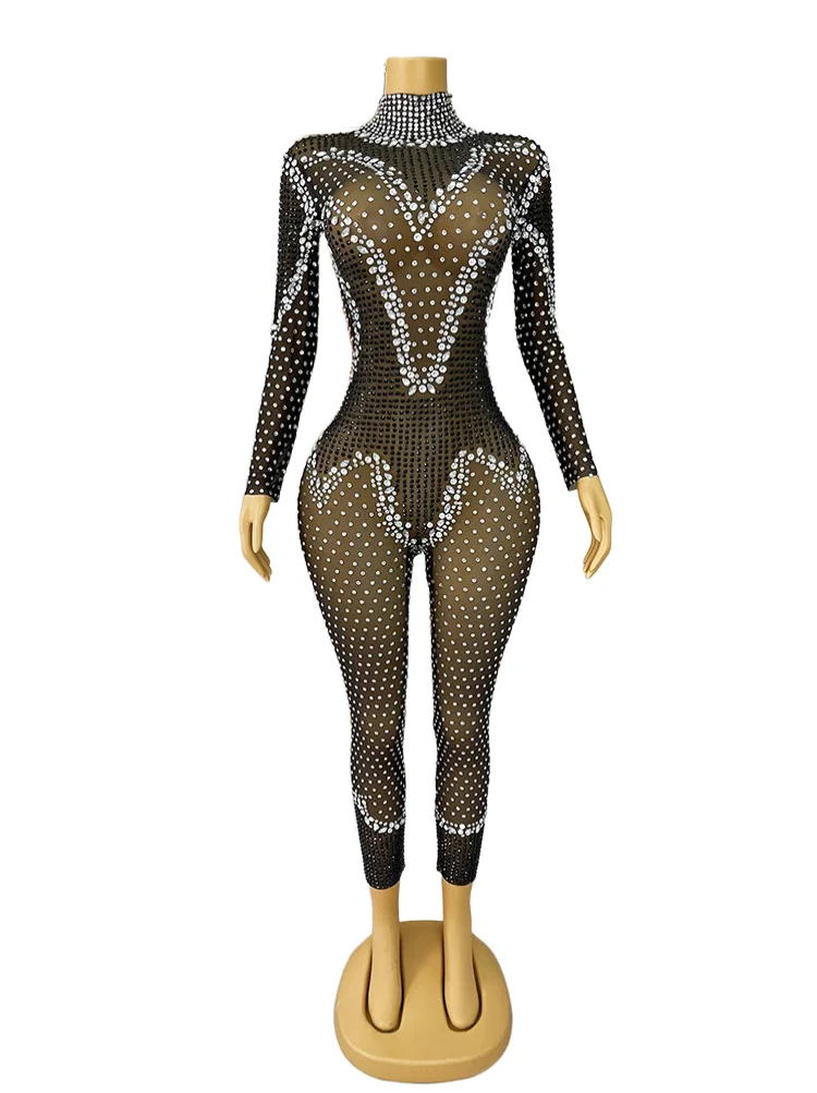 

Black High Quality Sparkly Rhinestones Perform Costume Long Sleeves Mesh Jumpsuits Singer Party Show Outfit Club vestido
