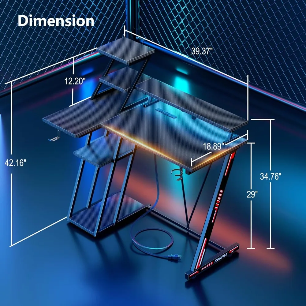 39 Inch Gaming Desk W LED Lights & Power Outlet, Small Computer Desk with Storage Shelves, L Shaped Gamer Workstations