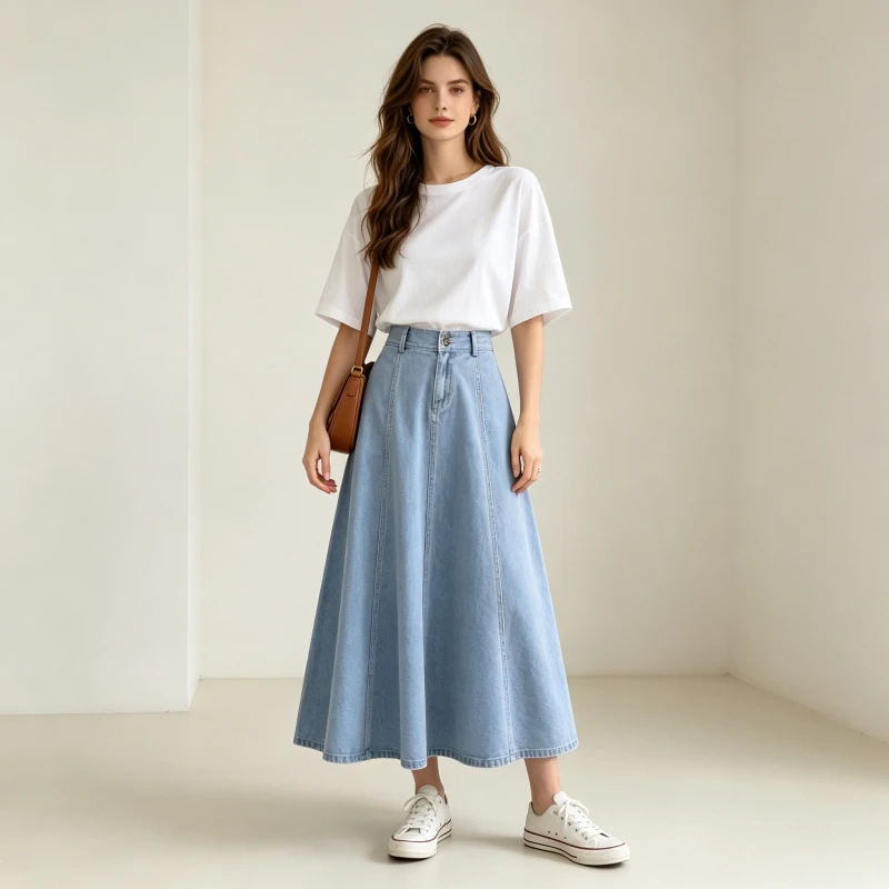 Women Denim Skirt Washed Vintage High Waist Distressed Long Skirts Button Fly Spring Summer 2026 Female Streetwear A Line