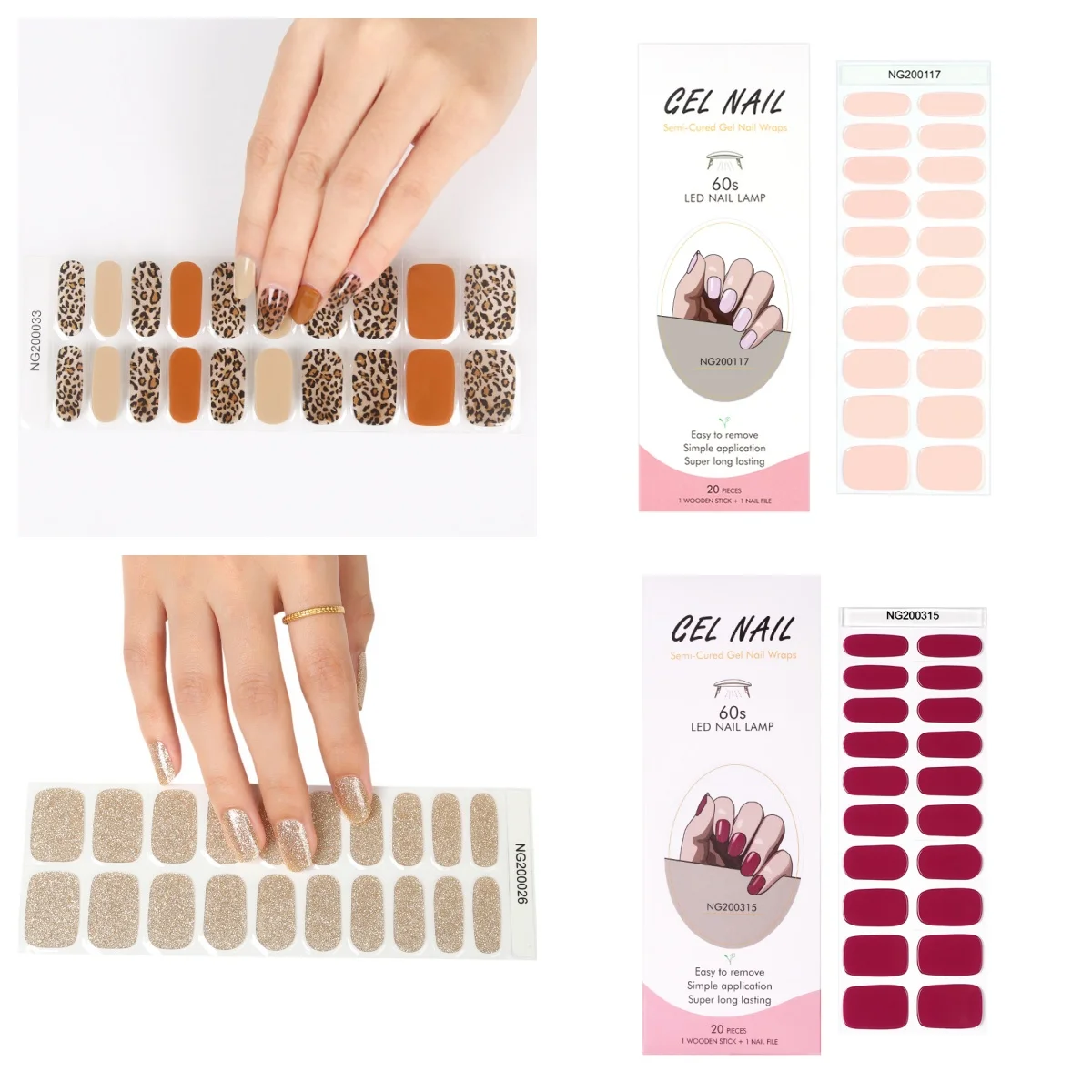 

20Tips NG series Semi Cured Gel Nail Strips Full Cover Stickers for Nails White Black Nude Press on Nails DIY Semi Cured Wraps