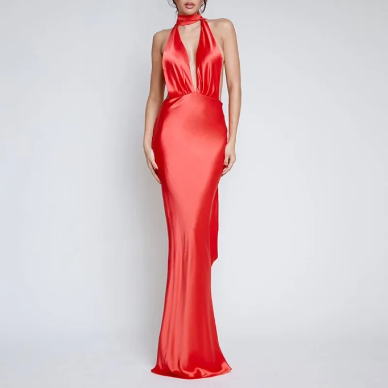 

Women's Halter Deep V Neck Backless Sheath Dress Sexy Elegant Solid Colors Sleeveless Dresses Party Wedding Dress New YWFD006