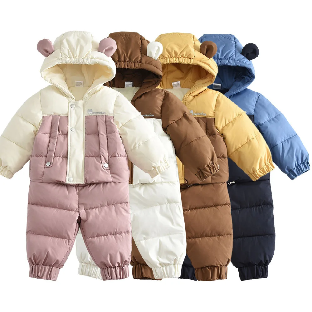 YBFSKID Winter Padded Warm Baby 2PCS Jumpsuit Thicken Fleece Detachable Kid Boy Crawling Suit Spliced Parkas Striped Pant Outfit