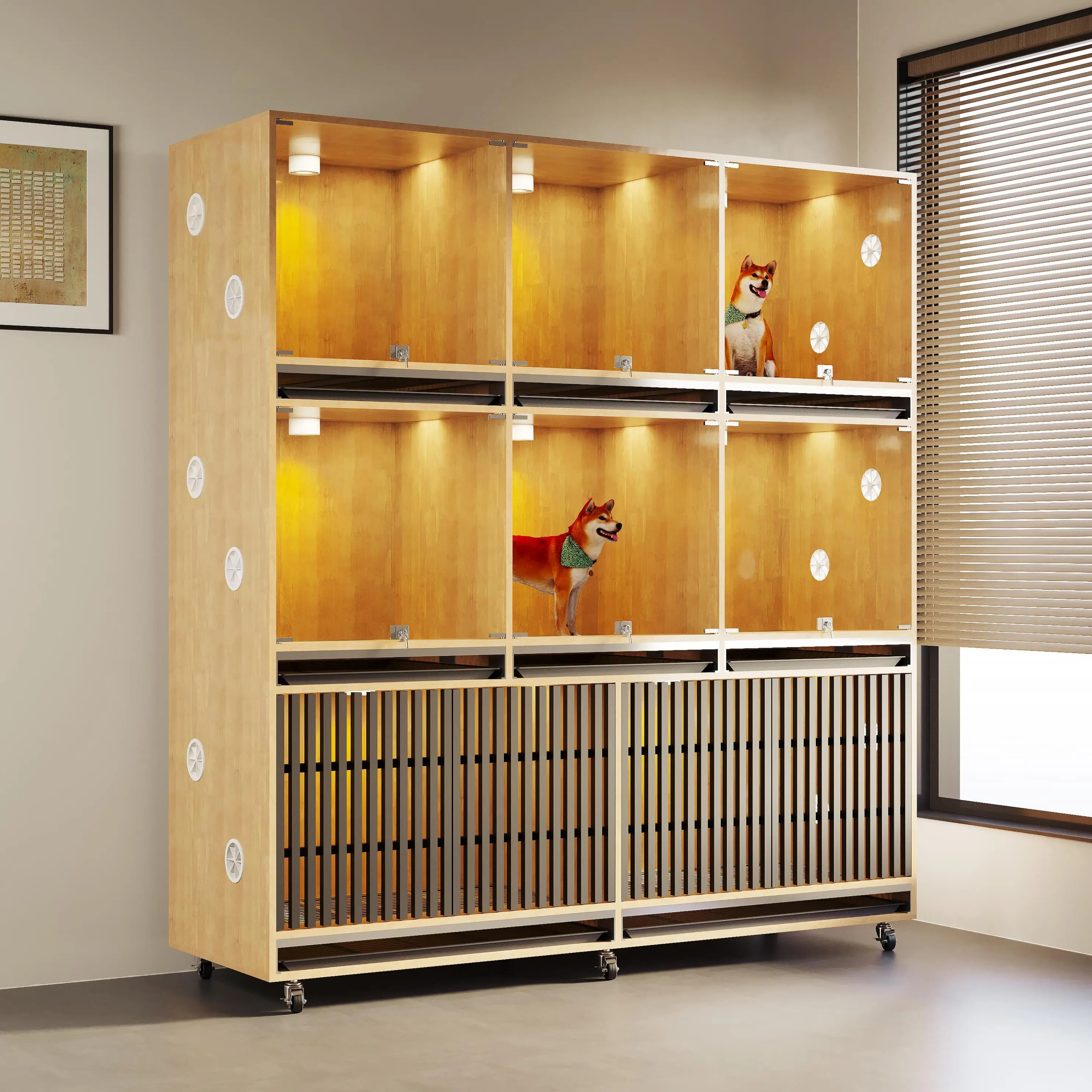 

Vintage Solid Wood Pet House Cat Villa Cage with Animal Print Snap Button Closure for Dogs Birds Summer Living Room Use