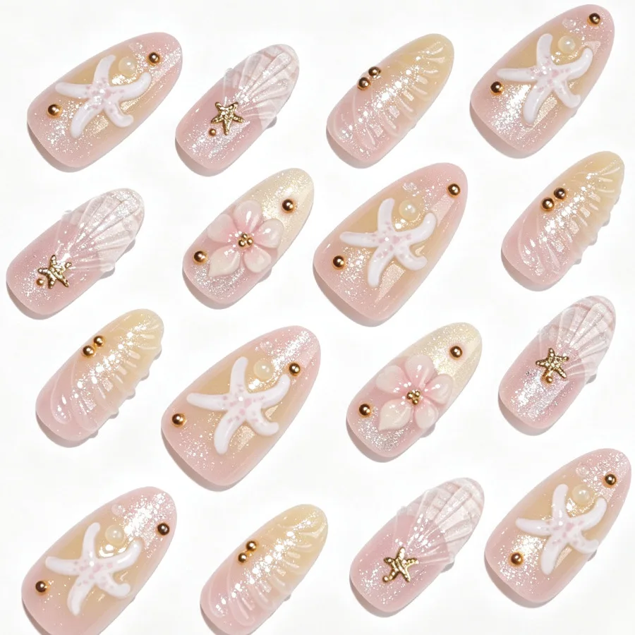 Beach 3D Starfish Shell Flower Gold Stud Handmade Press On Nails Cute Reusable False Nail Art For Daily Party Holiday Wear JT39