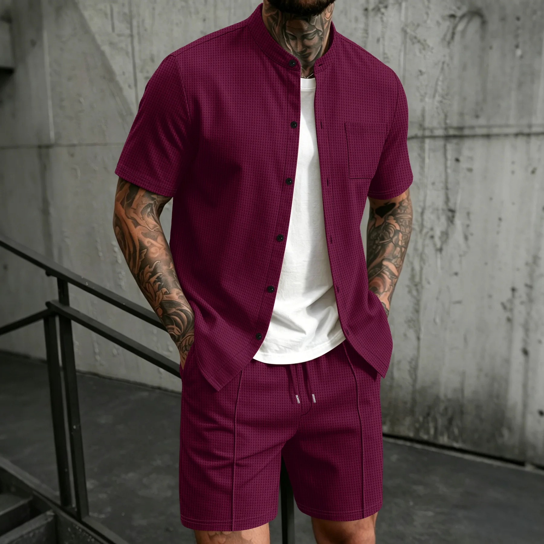 Men's new summer style waffle plain-color crew-neck t-shirt with pocket short-sleeved set with beach shorts men's casual suit