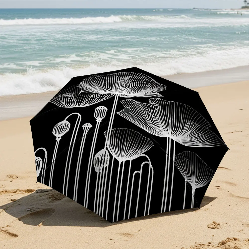 Monochrome Poppy Art Umbrella with Elegant Line Design Compact Fashion Folding Umbrella for Daily Use, Christmas Gift