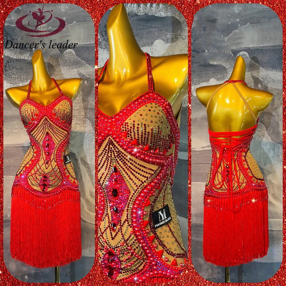 Latin Dance Dress High-end Custom Hanging Neck Red Full Diamond Slim Fit Tassel Cha Rumba Tango Stage Professional Clothing