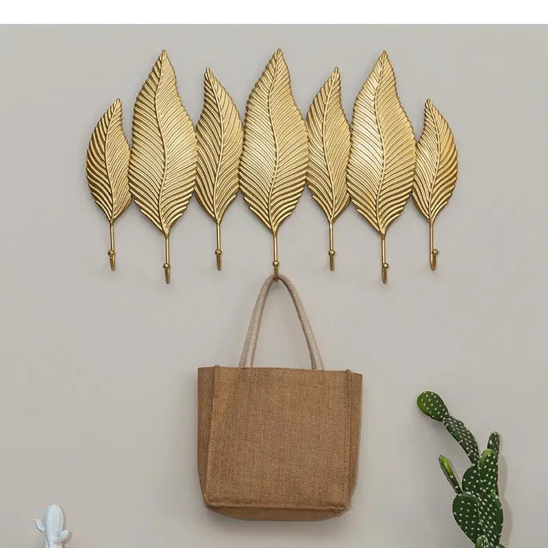 Iron Art Leaf Feather Decorative Hook Golden Metal Wall Hanging Decoration Ornaments Clothes Cap Organize Storage