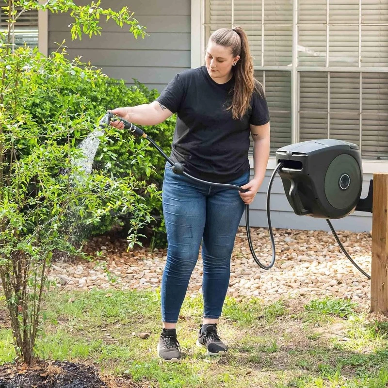 Garden Hose Reel Retractable Hi-Flow x 100ft Wall Mounted Hose Reel Automatic Rewind, Any Length Lock with 9 Patterns Spray