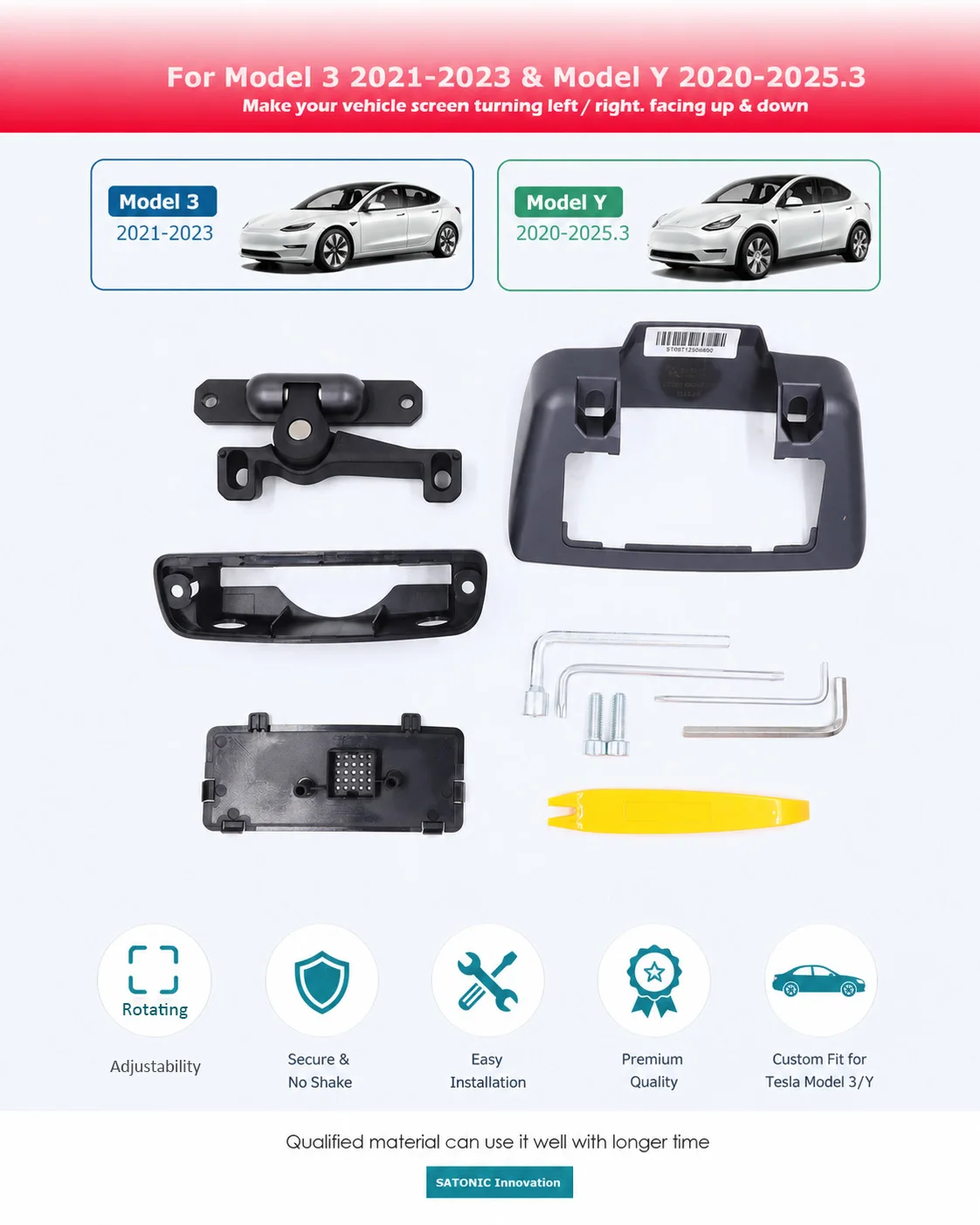 2026 SATONIC V2Pro Bildschirm-Schwenkhalterung 4-Richtungs-Rotation für Tesla Model 3 Highland & Model Y Juniper YL RHD & LHD Plug & Play – Detail 14