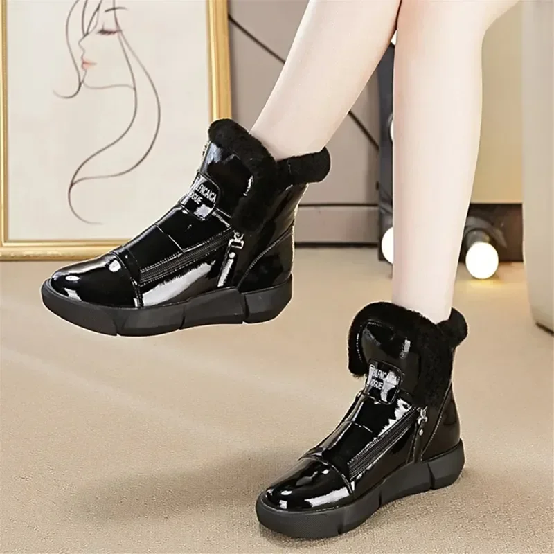 4CM Platform Wedge Sneakers Women ZIP Ankle Booties Genuine Leather Chunky Autumn Winter Plush Warm Fur Comfortable Snow boots