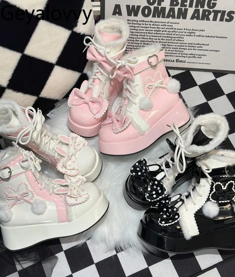 

Original Lolita Sweet Short Cute Snow Boots Elegant Thick Sole Shoes Autumn Winter Fleece Lined Mid-Calf Boots for Women