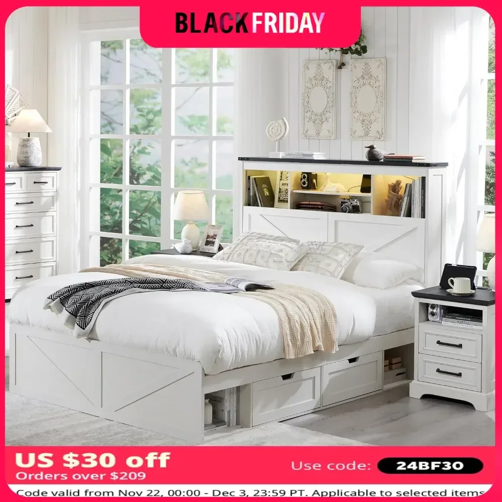 No Box Spring Needed Bed Frame Noiseless Charging Station Bedroom LED Light Queen Bed Frame With Storage White