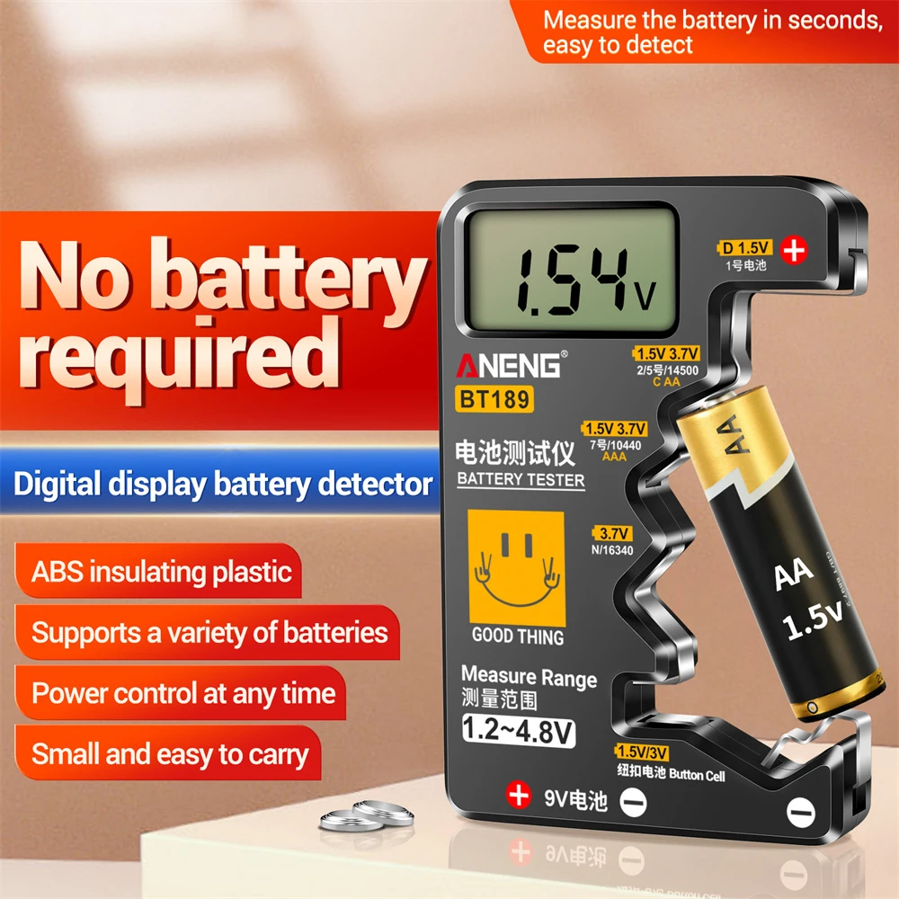 ANENG-Testador de Bateria Digital com Display LCD, Detector de Capacidade de Bateria, Ferramentas Capacitância Universal, 9V, 1.5V, BT189