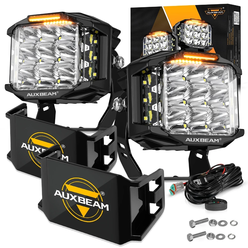 AUXBEAM V-MAX SERIES 4/5/7 inch LED DRL Driving Lamp Work Light with Black & Amber Shell Combo + SIDE SHOOTER LED POD Spot Light