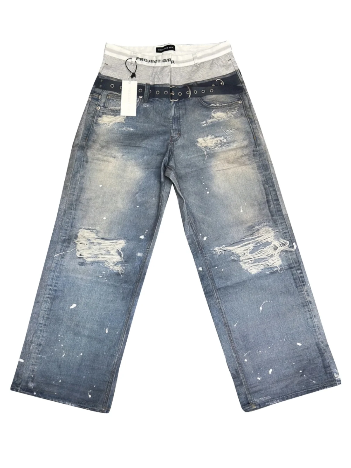 بنطلون جينز رجالي بخصر مزدوج وطباعة رقمية، فضفاض ومستقيم، طويل، مصنوع من القطن المرن، بخصر متوسط الارتفاع، مناسب لجميع المواسم