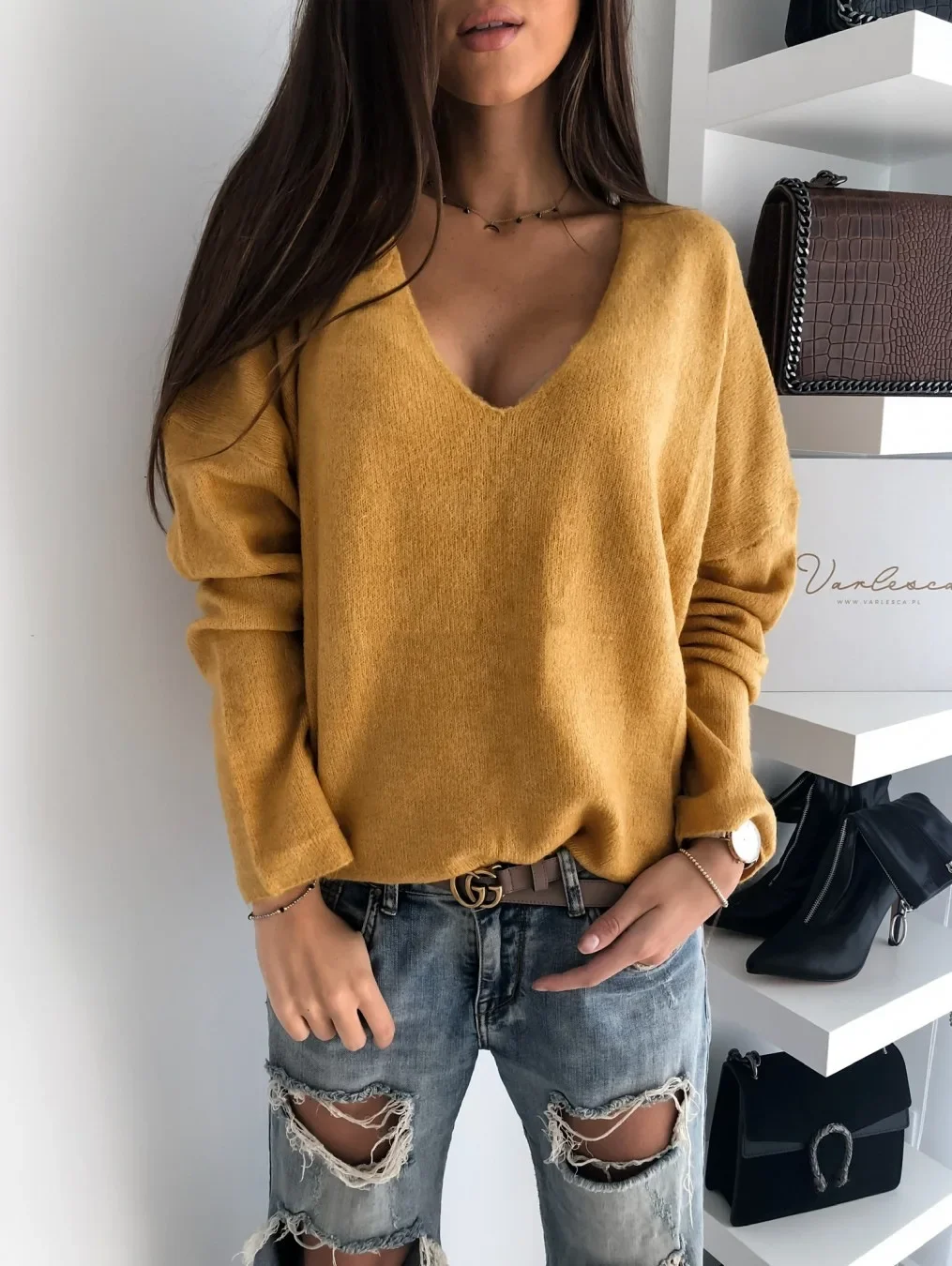 2024 Loose Loungewear V Neck Pullovers, Women Autumn Winter Long Raglan Sleeve Fashion Sweaters New Patchwork Solid Ladies Tops