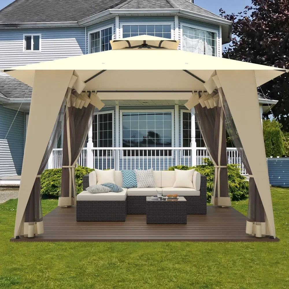 

12x12 Patio Gazebo Tent Mosquito Netting Canopy With Curtains And Shelter for Patio, Beige