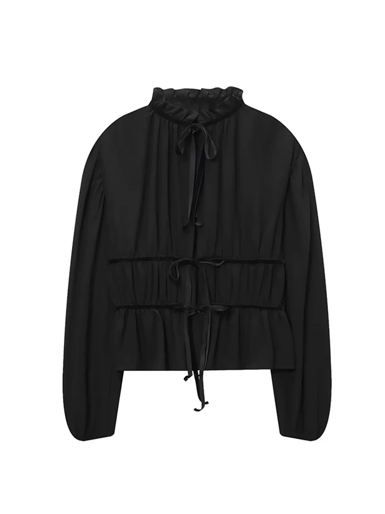 2026 nova mulher arco rendas até camisas casuais manga longa babados gola ajuste camisa feminina cor sólida moda blusa topos