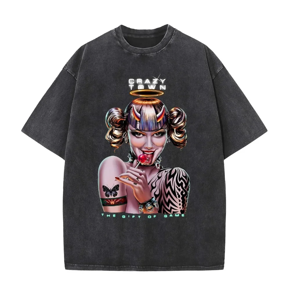 

2024 American retro washed old heavy cotton solid color short-sleeved Tshirt summer loose top tide washed T-shirt CRAZY TOWN