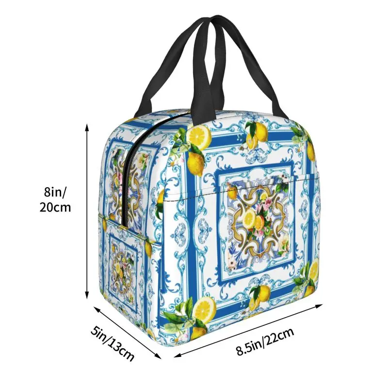 Lancheira isolada para mulheres, Refrigerador térmico reutilizável, Recipiente De Alimento Para Piquenique, Sacolas, Telhas De Limões De Frutas Do Mediterrâneo