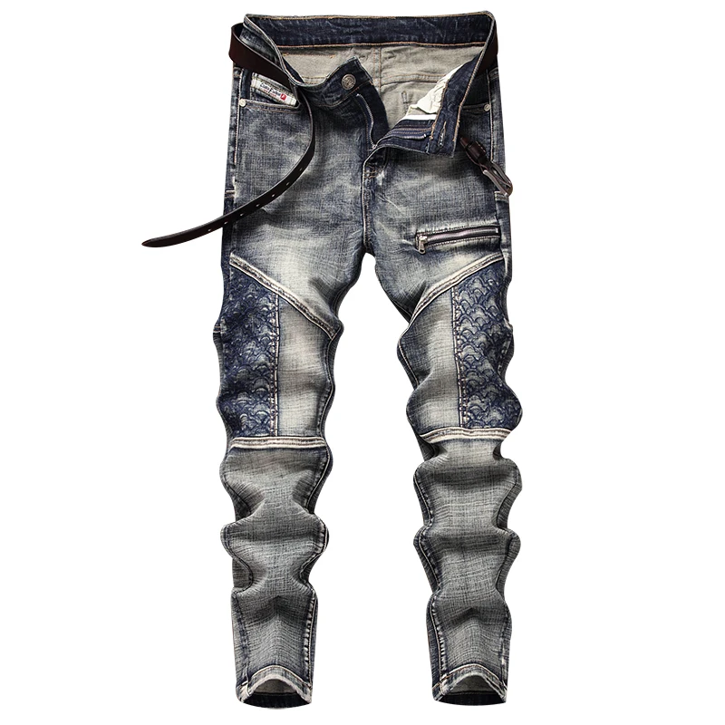 Jesienne, postarzane jeansy motocyklowe w stylu vintage dla mężczyzn, modna marka, haftowane łączenia, dopasowany krój, wąskie nogawki.