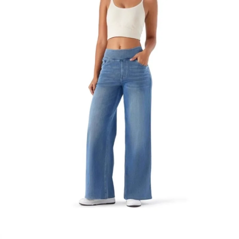 

Women Washed High Waist Elastic Wide Leg Jeans Draped Straight Denim Pants Slim Loose Trendy Casual Daily Long Trousers Fashion