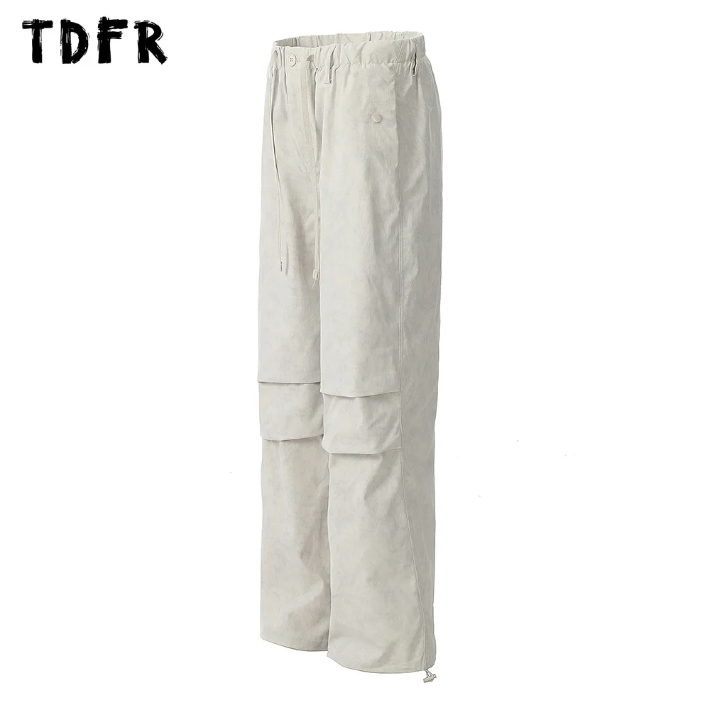 Pleated Retro Cargo Pants Mens Pocket Safari Style Loose Elastic Waist Distressed Wide Leg Trousers Men