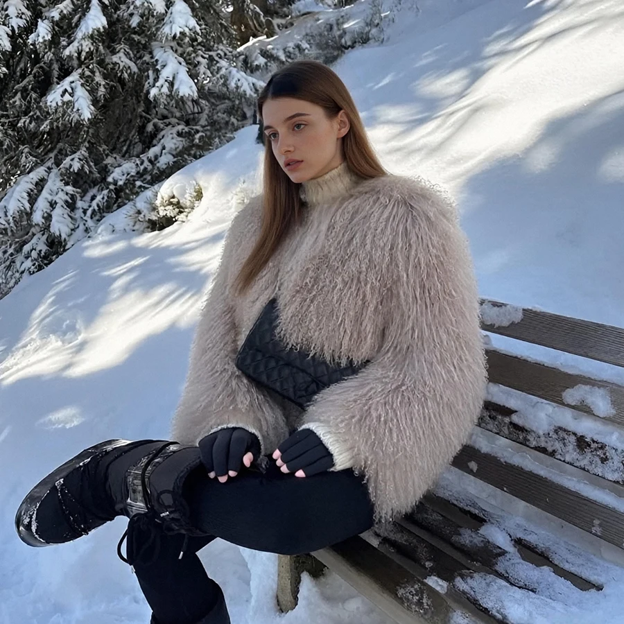 Collarless ทิเบต Lamb FUR Coat ของแท้แกะเสื้อขนสัตว์ธรรมชาติ Sheepskin Coat สินค้าใหม่หรูหราผู้หญิงเสื้อผ้า