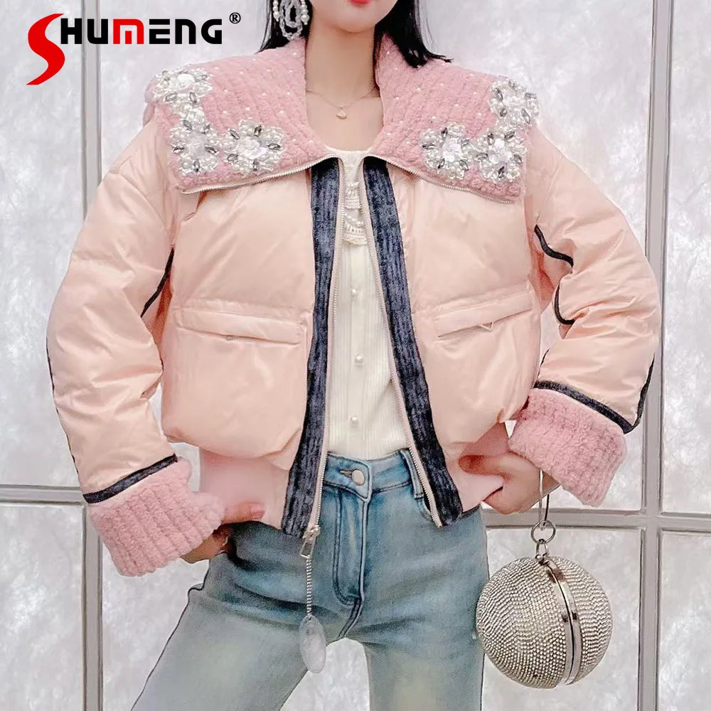 

Chic Down Jackets Women's 2024 Winter New Sweet Diamond-encrusted Doll Collar Thickened Warm Trendy Short White Duck Down Coats