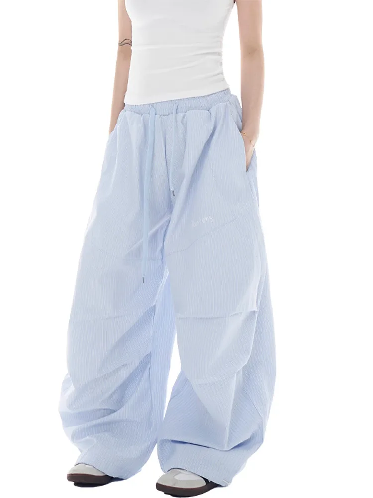 American Retro Folded Striped Paratrooper Work Pants Women Summer New Jazz Dance Pants Wide Leg Banana Knife Pants