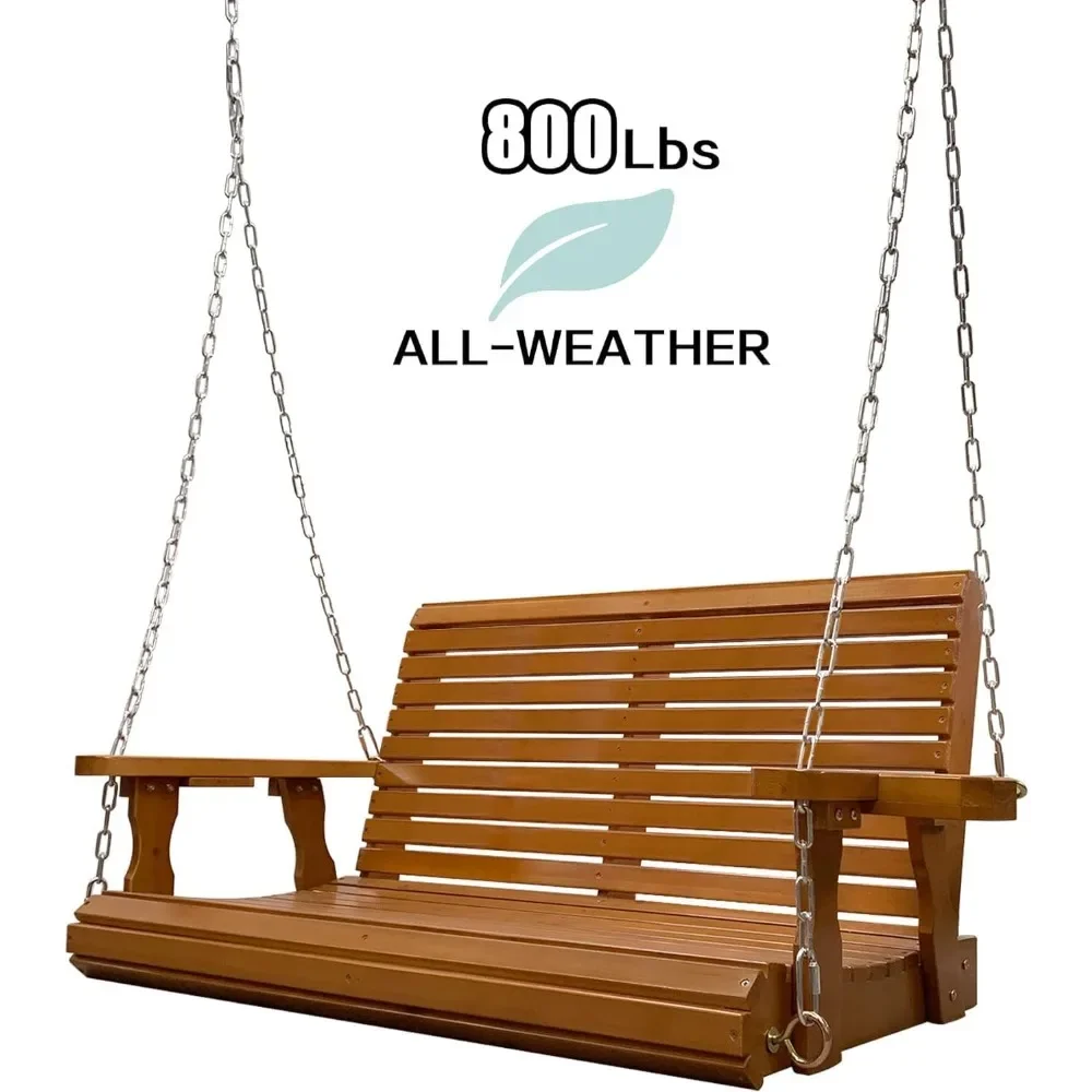 Wooden Porch Swing 2-Seater, Bench Swing with Cupholders, Hanging Chains and 7mm Springs, Heavy Duty 800 LBS, for Outdoor Patio