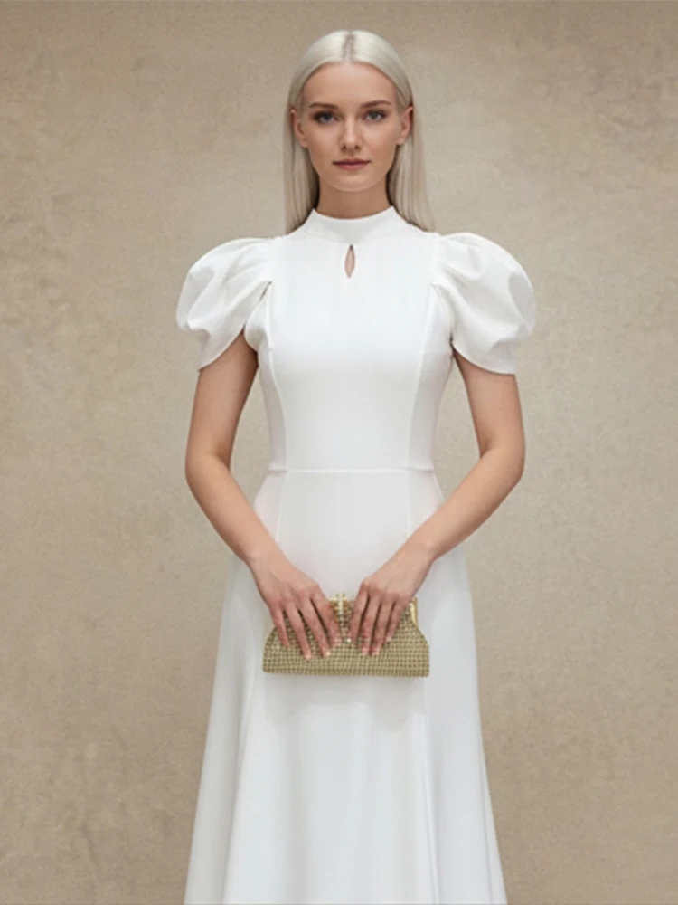 Elegant Solid Color Stand Collar Maxi Dress Women White Puff Sleeve Keyhole Neck A-line Slim Fit Flowy 2026 Lady Evening Gowns