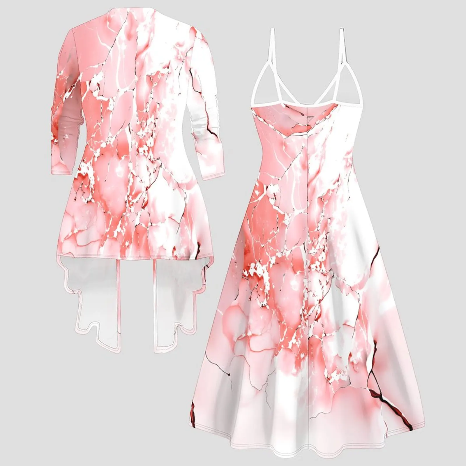 Women Print 2 Piece Matching Outfit V Neck Spaghetti Strap Flowy Midi Slip Dress 3/4 Sleeve Irregular Long  Cardigan
