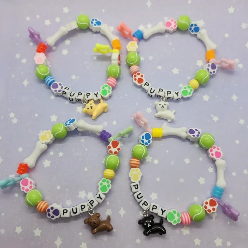 Y2K Cute Handmade Puppy Dog Kandi Friendship Bracelet - Colorful / Bone Pawprint Tennis Ball Beads | Pet Themed Charm Bracelet