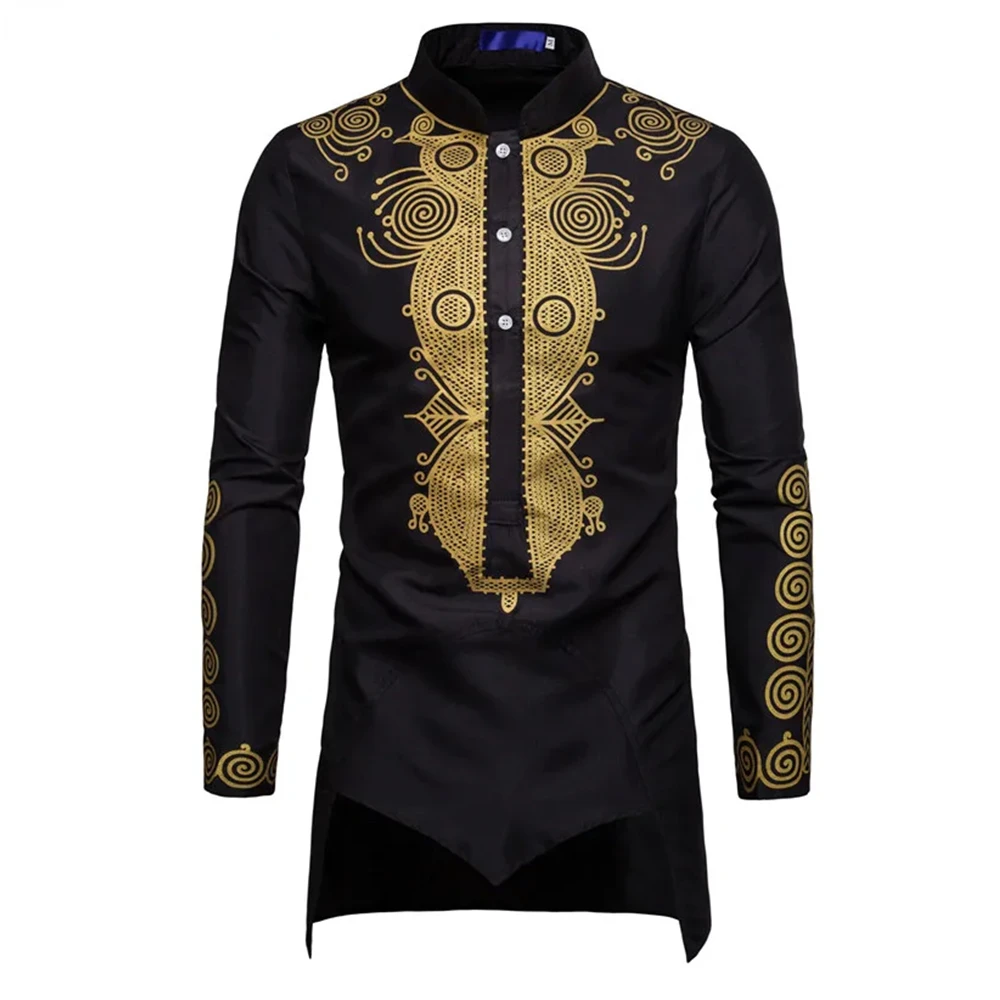 New Trend Thin Slim European Style Dress Men‘s Print Golden Flowers Long Sleeve Shirt Streetwear African