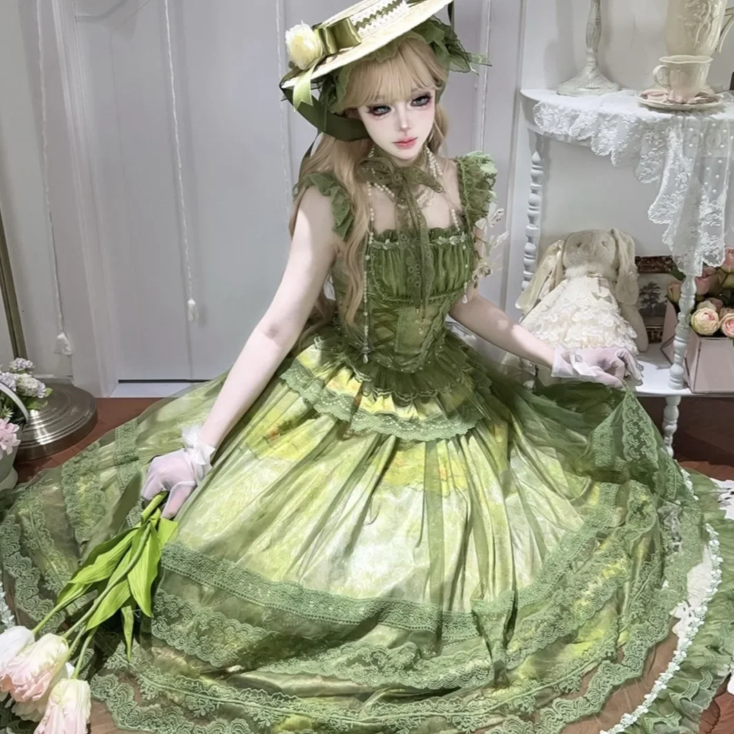 

2026 new Summer Woman's Elegant Slim-Fit Top + Long Skirt 2-piece Set Tea Party DressesMori Girl Sweet Green Lolita Split Dress