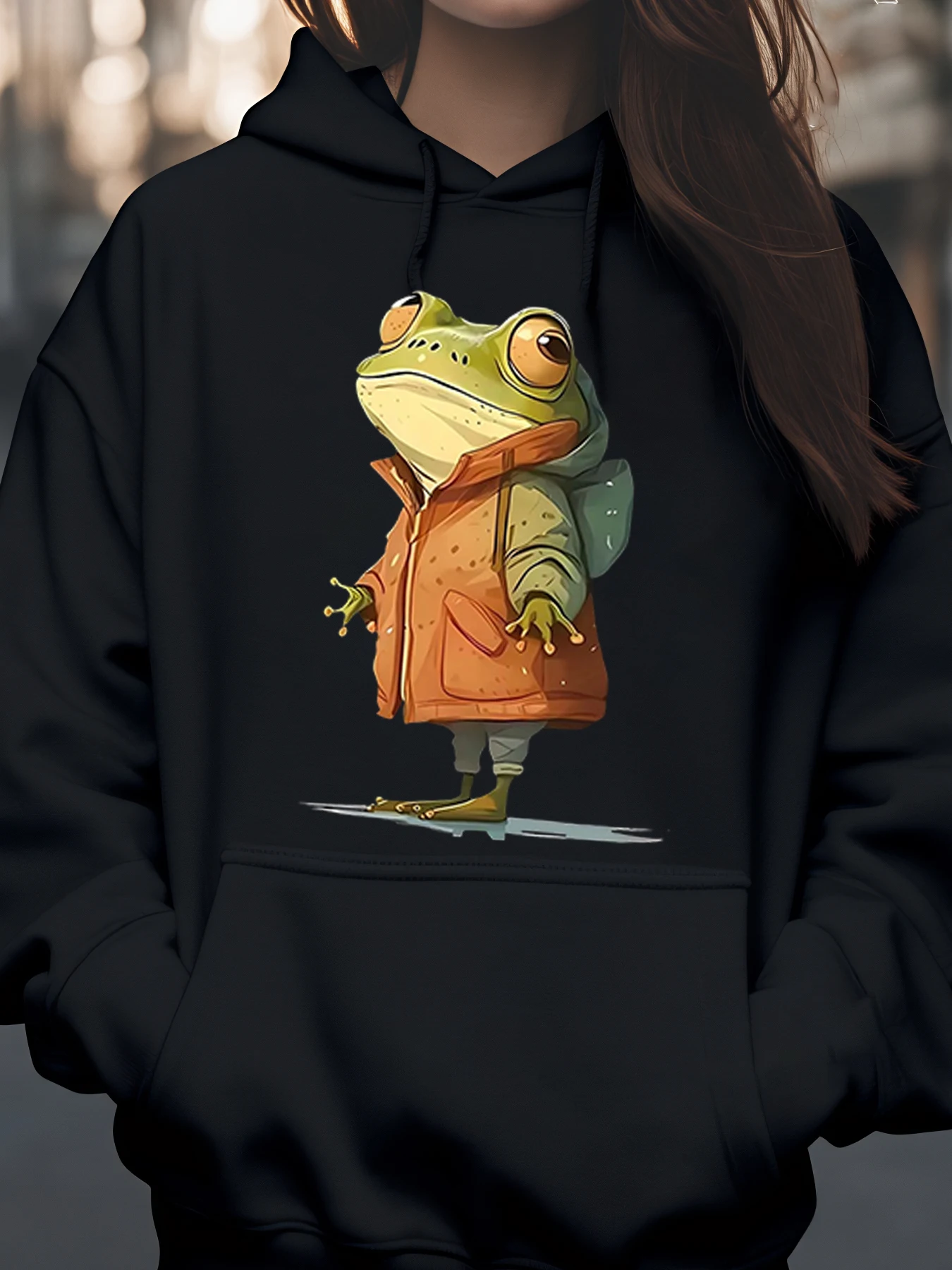 

Оранжевая куртка с капюшоном и принтом лягушки, осенне-осенняя повседневная одежда унисекс для взрослых и детей