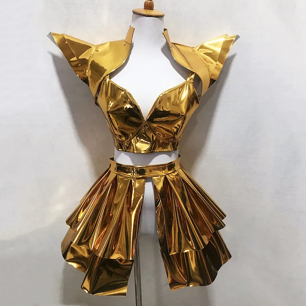 

Бар, ночной клуб, танцовщица Gogo, сексуальная сценическая одежда, костюм джазовой команды, костюм для выступлений, золото, серебро, лазерная кожаная доспехи, мини-юбка, танцевальный наряд